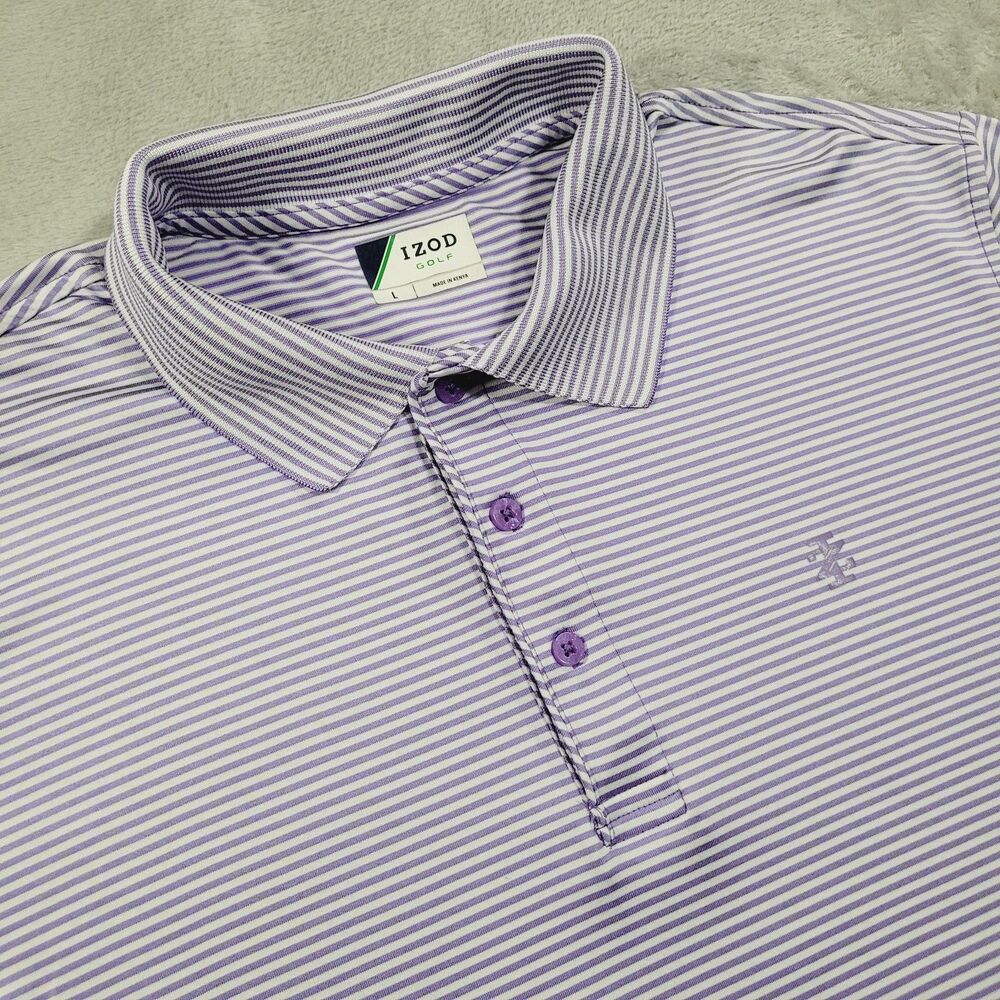 IZOD Polo Shirt Mens Large Purple Striped Golf Performance Stretch Short Sleeve
